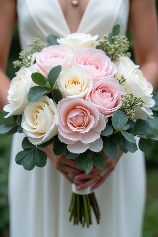 Bouquet da sposa con peonie rosa chiaro, rose bianche ed eucalipto, legato con un nastro di seta