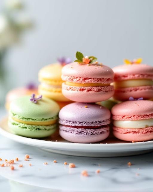 Primo piano di macaron color pastello impilati con ripieni cremosi e decorazioni delicate