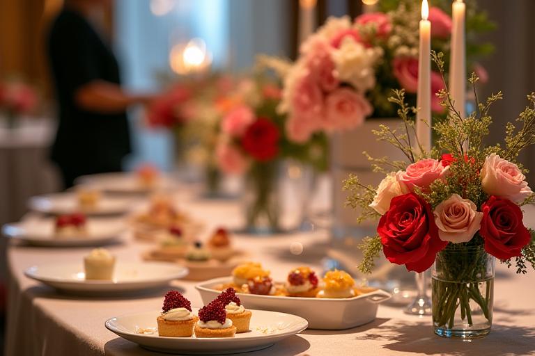 Tavolo di un evento decorato con eleganti centrotavola floreali e piccoli dessert gourmet