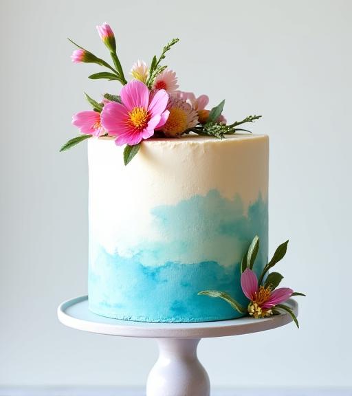 Torta di compleanno creativa con effetto acquerello e decorazioni floreali edibili