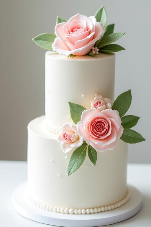 Elegante torta nuziale bianca a tre piani con delicate rose rosa e foglie verdi