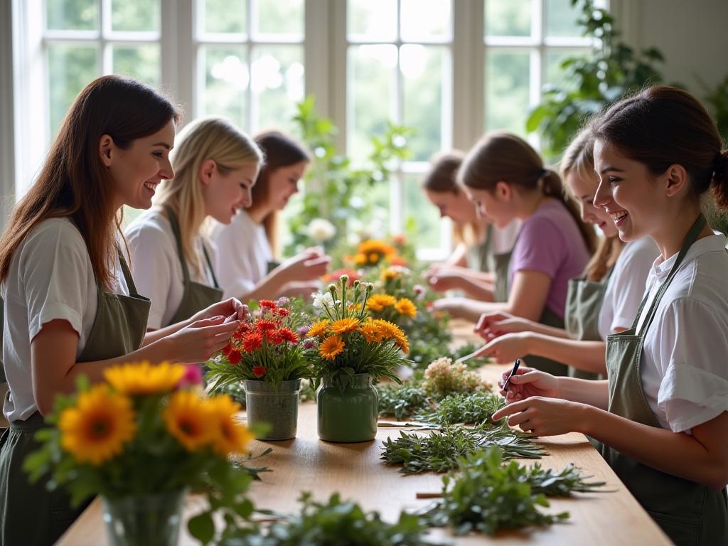Persone sorridenti che partecipano a un laboratorio di composizione floreale